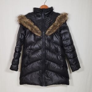 Kensie Down Puffer Parka Coat Black with Faux Fur Trimmed Hood Size M